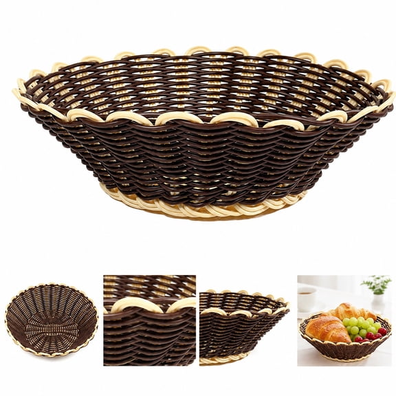 Hand Woven Basket, 22cm Two-Tone Plastic Woven Fruit Basket, Shallow Oval Serving Basket for Bread, Fruit, Snacks, Kitchen Counter, Dining Table and Home Decor, Brown and Beige