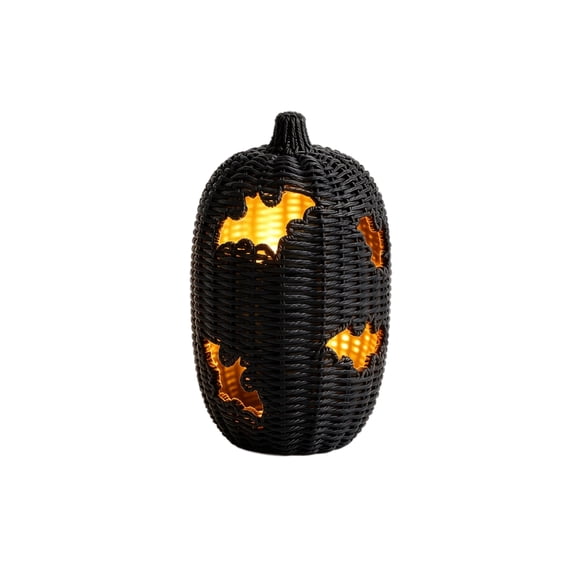 Hand-Woven Bat Cutout Pumpkin Halloween Decoration - Pre-Lit Wicker Pumpkin Lantern - Rustic Rattan Jack-O'-Lantern for Autumn Home Decoration Modern Farmhouse Tabletop Fireplace Mantel Centerpiece