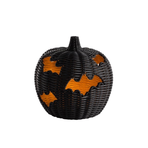 Hand-Woven Bat Cutout Pumpkin Halloween Decoration - Pre-Lit Wicker Pumpkin Lantern - Rustic Rattan Jack-O'-Lantern for Autumn Home Decoration Modern Farmhouse Tabletop Fireplace Mantel Centerpiece