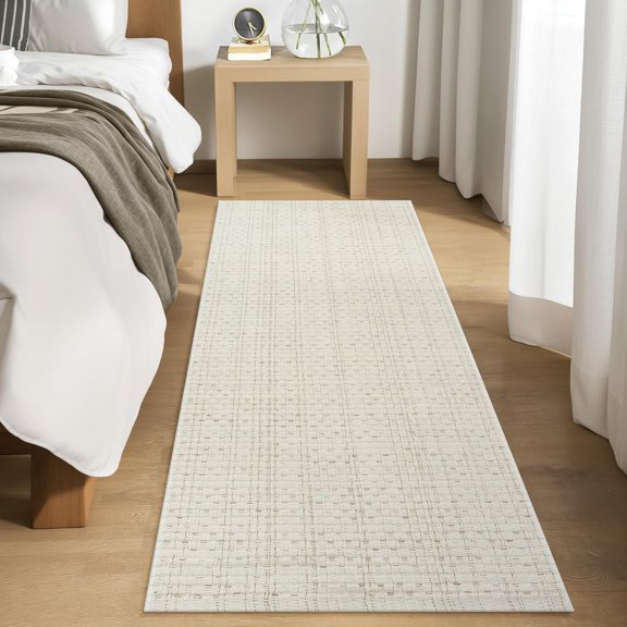 Hand Woven Beige Rug Runner, 2' x 4' Washable Bathroom Rug, Reversible Lightweight Modern Farmhouse Hallway Runner Rugs Indoor Door Mat for Foyer Entryway Kitchen Bedroom