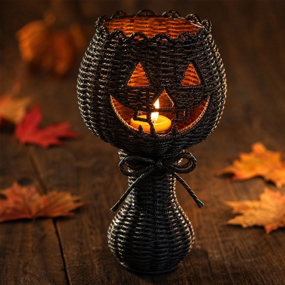 Hand-Woven Black Wicker Candlestick-shaped Jack-o'-Lantern, Classic Jack O'Lantern Cutout Rattan Candle Holder, Freestanding Tabletop Centerpiece for Fall Holiday Gathering (M)