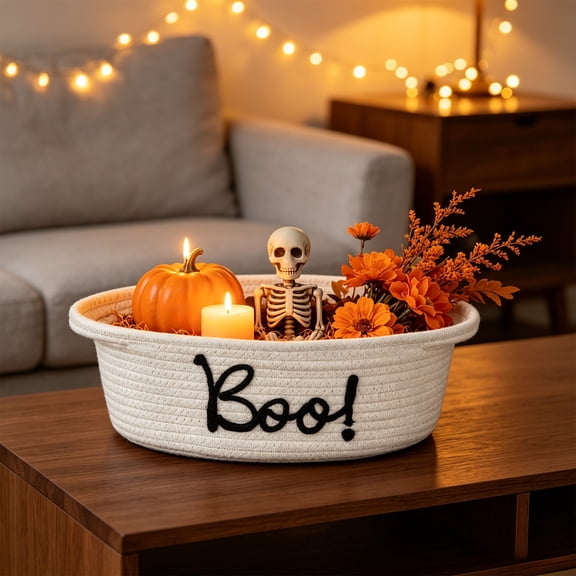 Hand Woven Boo Letter Polyester Storage Basket, Oval Halloween Decorative Rope Organizer Bin, Multi-Purpose Tabletop Candy & Miscellaneous Storage Tray 12.2 x 8.27 x 5.12 Inches