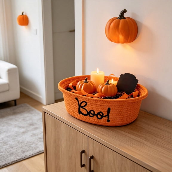 Hand Woven Boo Letter Polyester Storage Basket, Oval Halloween Decorative Rope Organizer Bin, Multi-Purpose Tabletop Candy & Miscellaneous Storage Tray 12.2 x 8.27 x 5.12 Inches