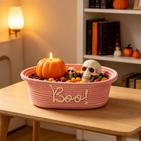 Hand Woven Boo Letter Polyester Storage Basket, Oval Halloween Decorative Rope Organizer Bin, Multi-Purpose Tabletop Candy & Miscellaneous Storage Tray 12.2 x 8.27 x 5.12 Inches