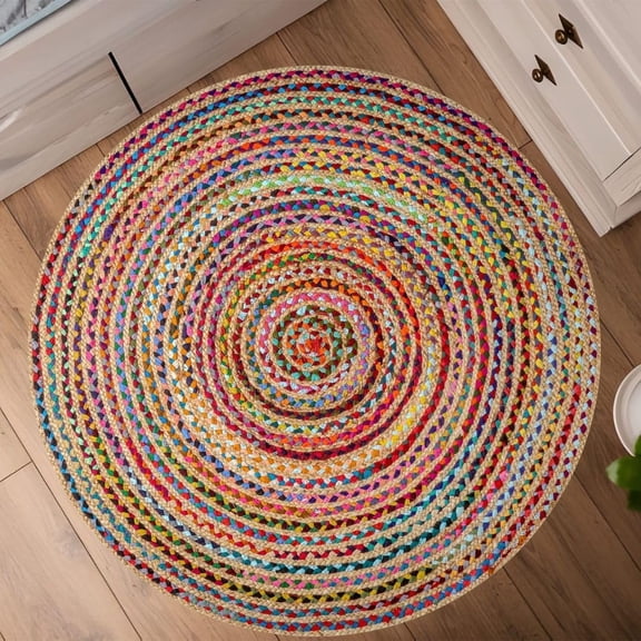 Hand Woven Braided Area Rug Jute Chindi 3 Round - Rustic Boho Accent Rug for Living Room Bedroom Kitchen Entryway Reversible Floor Mats Ideal for High Traffic Areas
