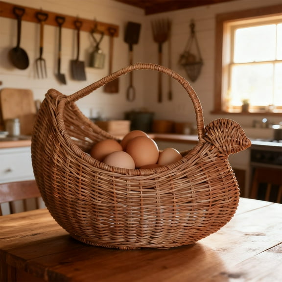 Hand-Woven Chicken Egg Basket for Gathering Fresh Eggs Natural Rattan Straw Farmhouse Kitchen Storage Basket with Handle Rustic Countertop Organizer for Fruits, Vegetables, Eggs & Farmhouse Decor