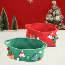 Hand Woven Christmas Gift Basket, 12" Santa Storage Basket with Holiday Designs for Candy, Wine Gifts & Home Decor Red,Green