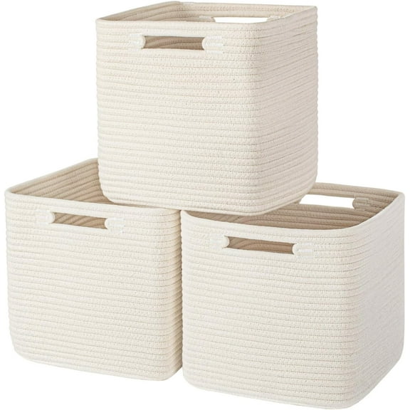 Hand Woven Cotton Basket for Storage, Cube Storage Bins with Handles, Foldable Collapsible Closet Organizers and Storage, Boho Farmhouse Storage Cubes for Shelves, Beige