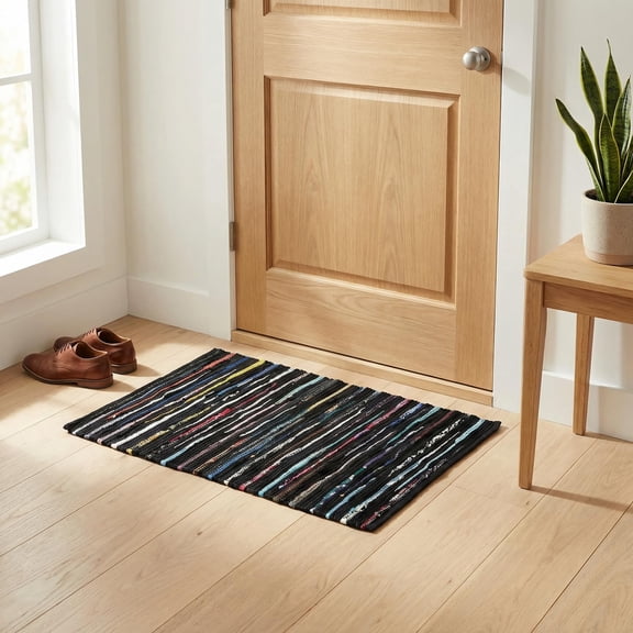 Hand Woven Cotton Chindi Rug 2x3 Feet Teal Reversible Accent Mat Durable Farmhouse Style Indoor Outdoor Floor Rug for Entryway Kitchen Laundry Room