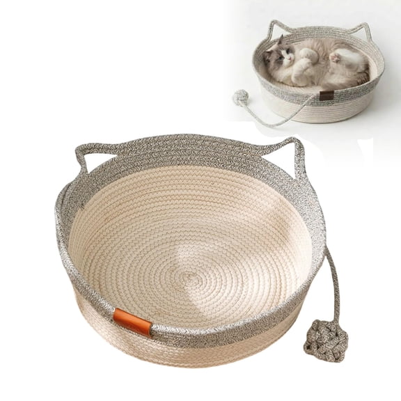 Hand Woven Cotton Rope Cat Bed Basket with Scratching Pad & Ball, Round Boho Pet Nest for Indoor Cats & Small Dogs