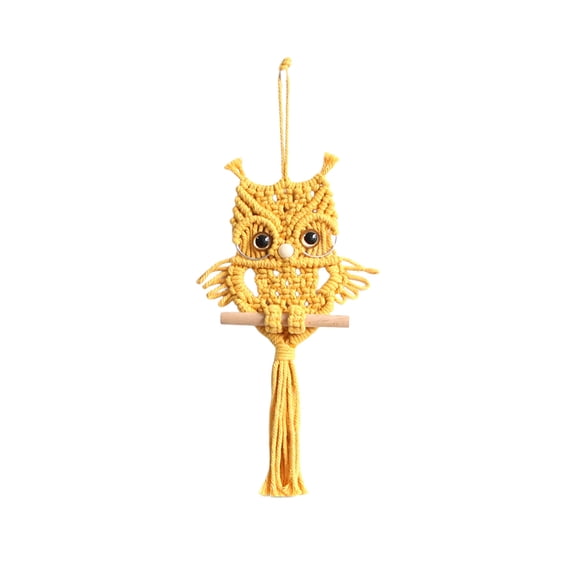 Hand Woven Cotton Rope Macrame Owl Wall Hanging Boho Tapestry With Wooden Stick And Tassel Yellow 1 Pack