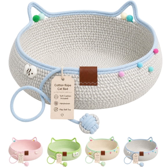 Hand Woven Cotton Rope Pet Rest Basket With Soft Cushion & Hanging Play Ball, Breathable Pet Nest With Ear Shaped Side Handles For Indoor Cats, Puppies & Small Dogs