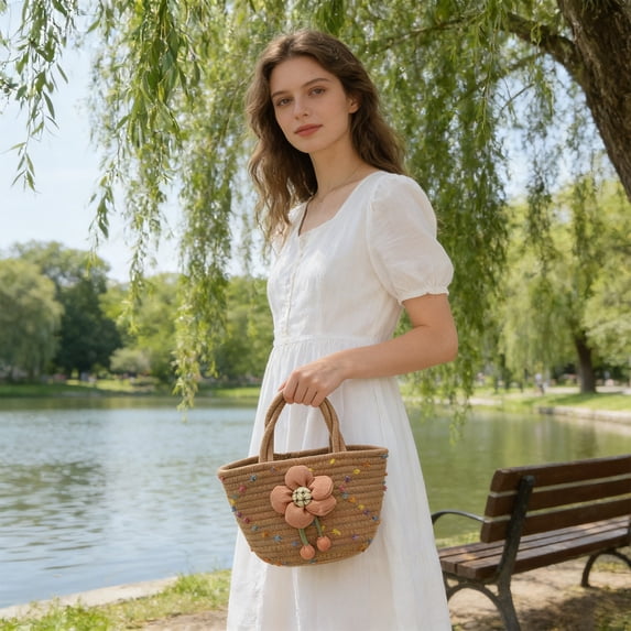 Hand Woven Cotton Rope Tote Bag with Floral Cherry Ornament, Mini Straw Style Handheld Basket Purse, Lightweight Summer Shoulder Handbag for Beach Picnic Shoing Daily Outdoor Casual Women Carry,