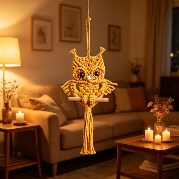 Hand Woven Cotton Rope Yellow Owl Macrame Wall Hanging, Boho Knitted Owl Tapestry with Wooden Stick Tassel, Textured Wall Art Decor for Bedroom Living Room Nursery, Bohemian Handmade Ornament