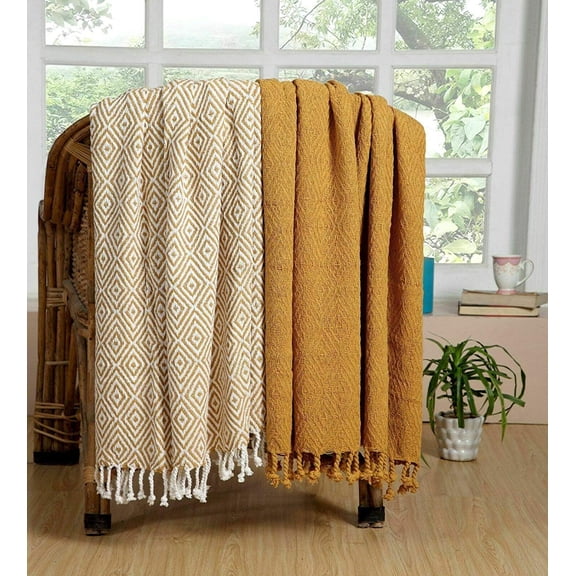 Hand-Woven Cotton Throw Blanket - All-Season Set of 2 (60x50 inches)