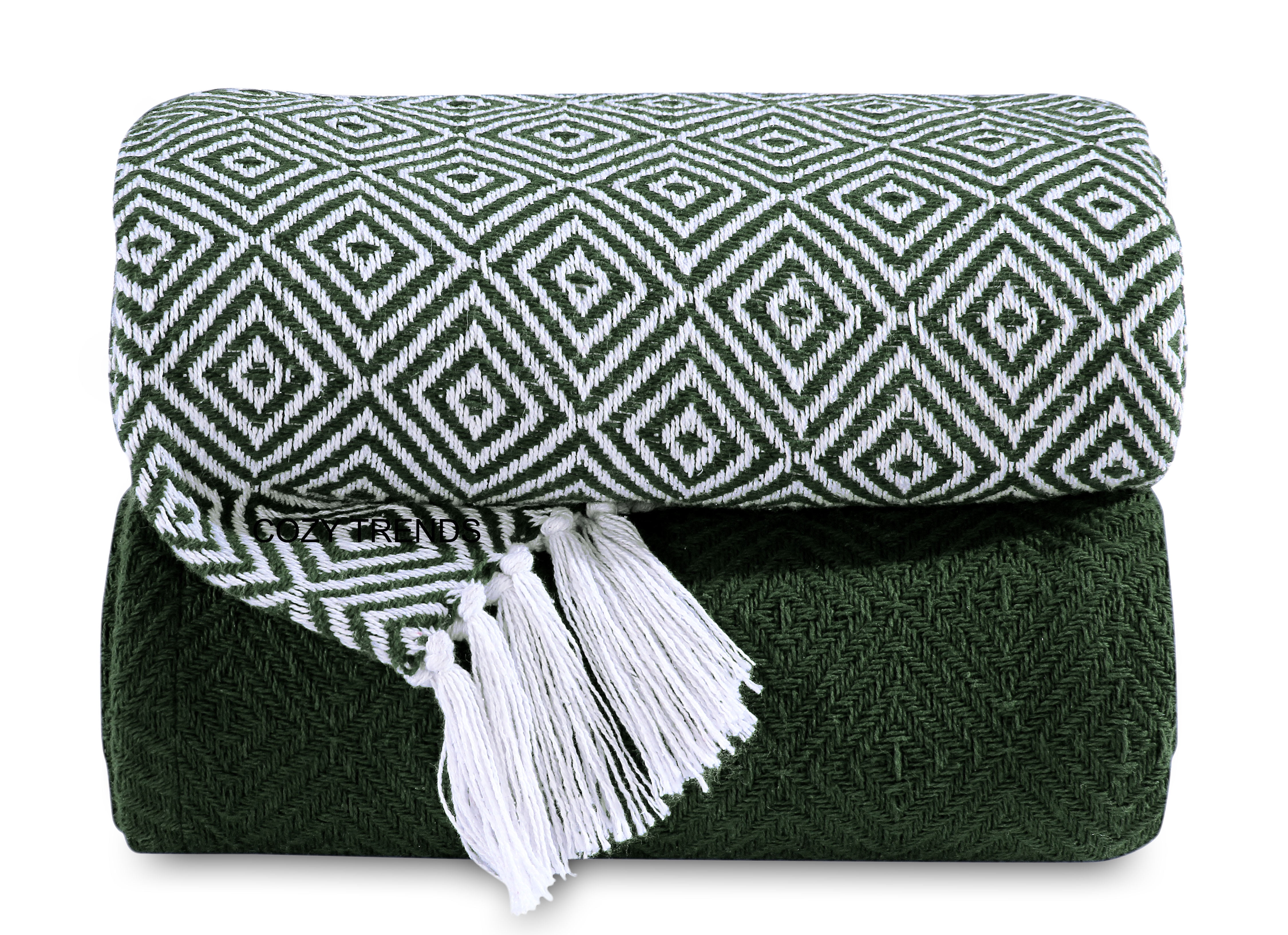 Dark Green Chevron Cotton Throw Blanket with Fringe 50'' x 60''