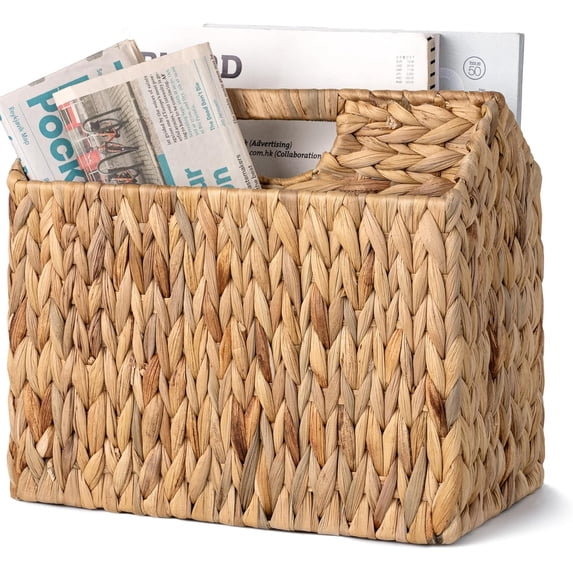 Hand-Woven Divided Magazine Basket, Rattan Magazine Holder, Natural Wicker Magazine Rack for Bathroom, Office, Water Hyacinth, 1 Pack