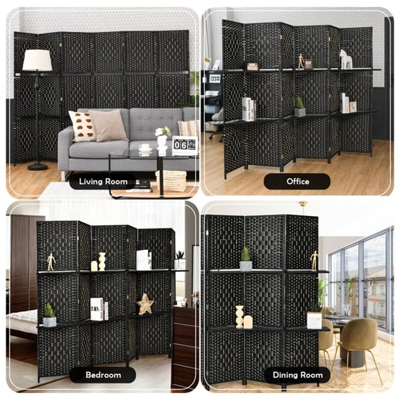 Hand Woven Fiber Room Divider Screen with Storage Shelves Black Foldable Privacy Screen 71 Inch Tall Room Separator Poplar Wood Frame Boho Decor for Living Room Bedroom Office Studio Space Divider