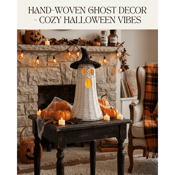 Hand-Woven Ghost Lantern with Black Witch Hat - Rustic Rattan Halloween Home Decor - Hollow Design to Cover Candles for Halloween Party, Mantle, Fireplace & Entryway