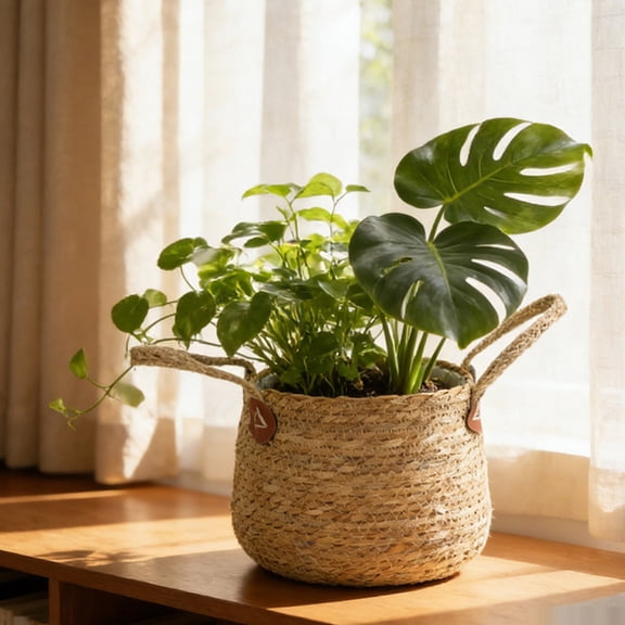 Hand Woven Grass Basket with Plastic Liner, Dual Handle Planter Pot for Indoor Plants, Natural Fiber Organizer for Small Items or Display, Decorative Storage Container for Home Decor