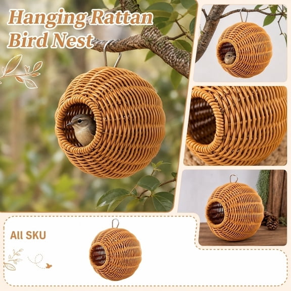 Hand Woven Hanging Rattan Bird Nest Round Wicker Bird House Outdoor Tree Hanging Shelter Small Parrot Finch Canary Wild Bird Resting Cage Natural Wicker Bird Hut Garden Patio Yard Decor