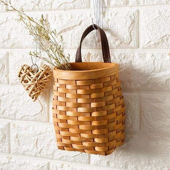 Hand Woven Hanging Wicker Basket Portable Rattan Storage Basket Wall Mount Flower Organizer For Fruit Vegetable Bread Home Decor Farmhouse Style Kitchen Shelf Wicker Basket Khaki*2 2Pcs