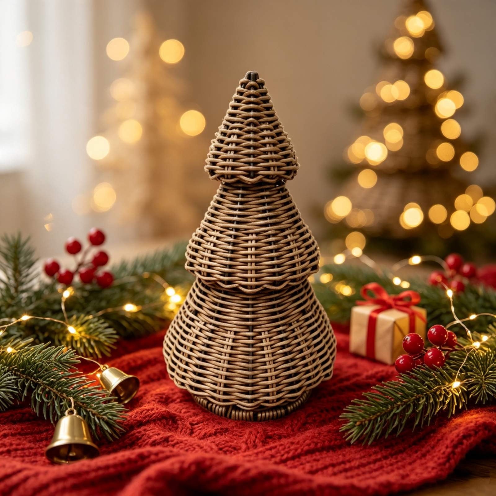 Hand Woven Imitation Rattan Christmas Tree Ornaments Christmas Tree Decorations and Table Ornaments Coffee Brown Natural Wood Centerpiece