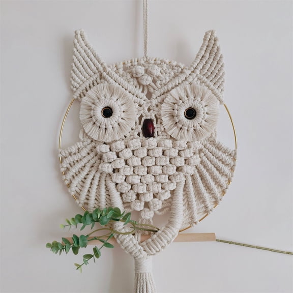 Hand-Woven Ivory Owl Macrame Wall Hanging Tapestry Boho Textured Art For Bedroom Blank Wall, Apartment Entryway & Nursery Accent Layout