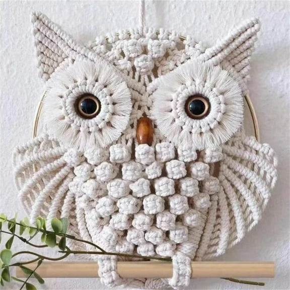 Hand-Woven Ivory Owl Macrame Wall Hanging Tapestry Boho Textured Art For Bedroom Blank Wall, Apartment Entryway & Nursery Accent Layout