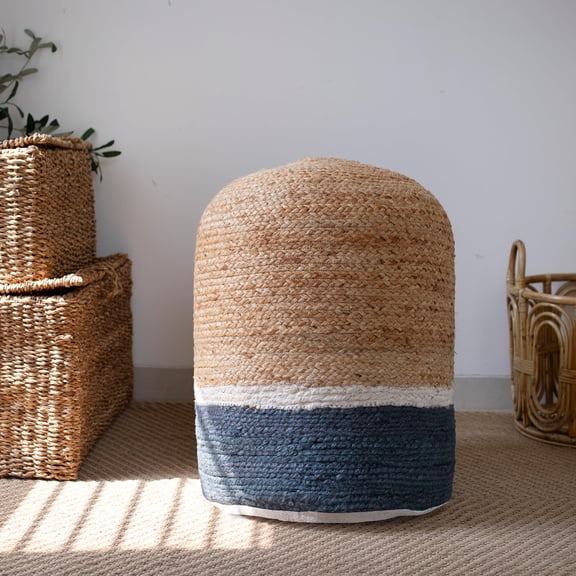 Hand-Woven Jute Cotton Pouf Ottoman Natural Gray Stripe 18 Round