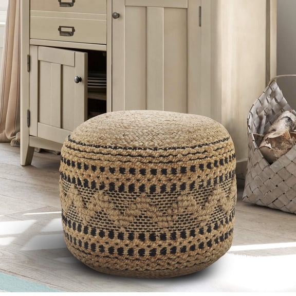 Hand-Woven Jute Cotton Pouf Ottoman Tan Black Geometric Pattern Round 18