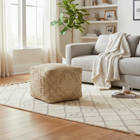 Hand-Woven Jute Cotton Square Pouf Ottoman Natural Beige Geometric Pattern