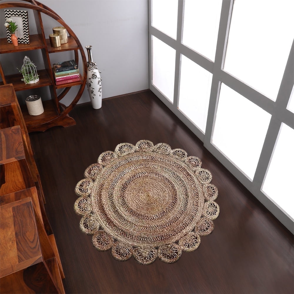 Hand Woven Jute Eco-Friendly Area Rugs - 4'X4', Round Shape, Beige Color, Oriental Pattern, High Pile, Natural Fiber, Outdoor Indoor Handmade Area Rugs For Living Room, Bed Room (J00002)