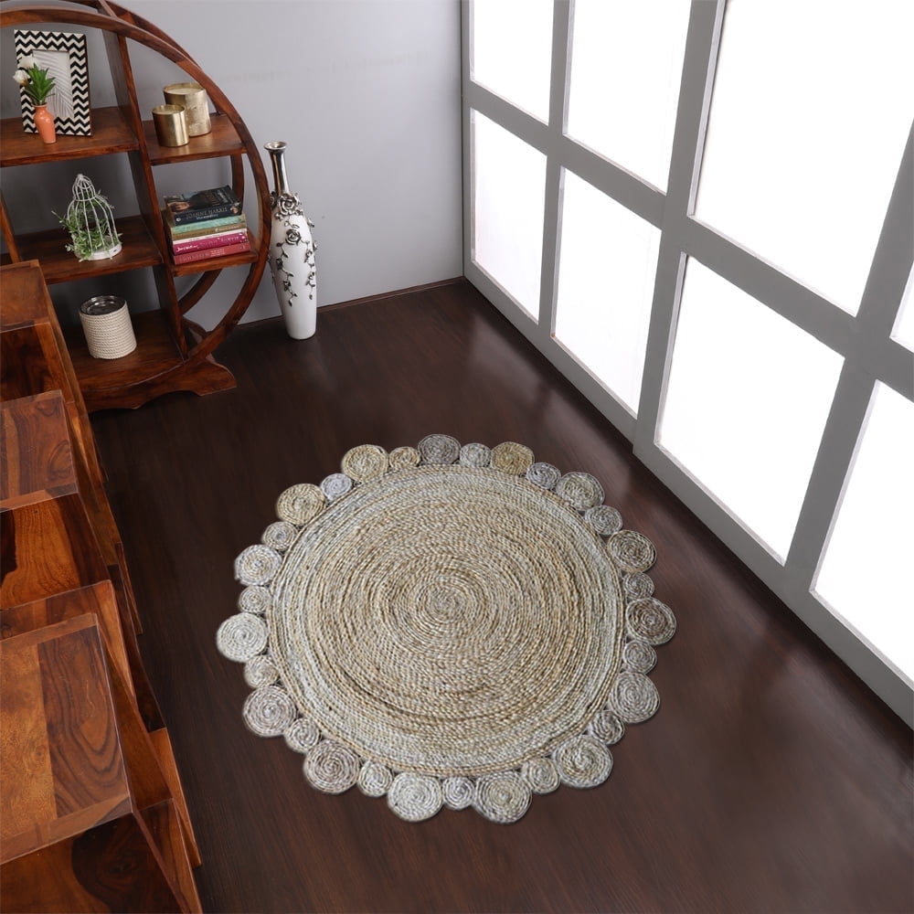 Hand Woven Jute Eco-Friendly Area Rugs - 5'X5', Round Shape, Cream Color, Oriental Pattern, High Pile, Natural Fiber, Outdoor Indoor Handmade Area Rugs For Living Room, Bed Room (J00001)