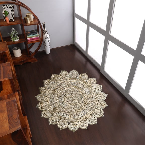 Rugsotic Carpets Hand Woven Jute Eco-Friendly 5'x5' Area Rugs Round Cream Oriental High Pile Natural Fiber Outdoor Indoor Handmade Rug for Living Room, Bedroom J00004