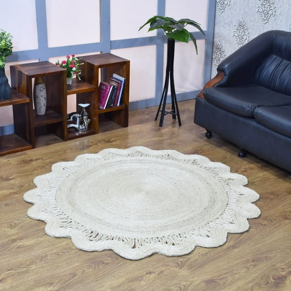Hand Woven Jute Eco-Friendly Area Rugs - 5'X5', Round Shape, White Color, Oriental Pattern, High Pile, Natural Fiber, Outdoor Indoor Handmade Area Rugs For Living Room, Bed Room (J00074)
