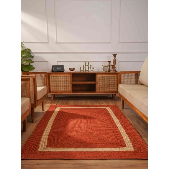 Hand Woven Jute Eco-Friendly Area Rugs - 6'X9', Rectangle Shape, Orange Color, Contemporary Pattern, High Pile, Natural Fiber, Outdoor Indoor Handmade Area Rugs For Living Room, Bed Room (J00025)