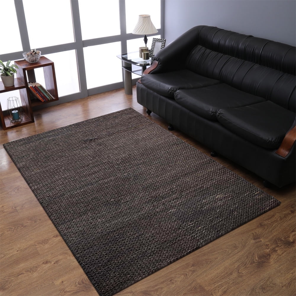 Hand Woven Jute Eco-Friendly Area Rugs - 8'X10', Rectangle Shape, Charcoal Color, Solid Plain Pattern, High Pile, Natural Fiber, Outdoor Indoor Handmade Area Rugs For Living Room, Bed Room (J00054)