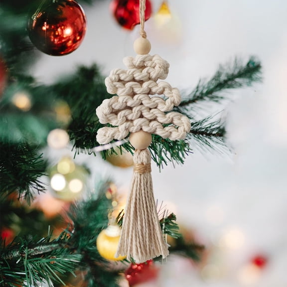 Hand Woven Macram Mother's Day Tree Ornament Boho Style Hanging Pendant Neutral White Decor for Home Mantel Holiday Window Display