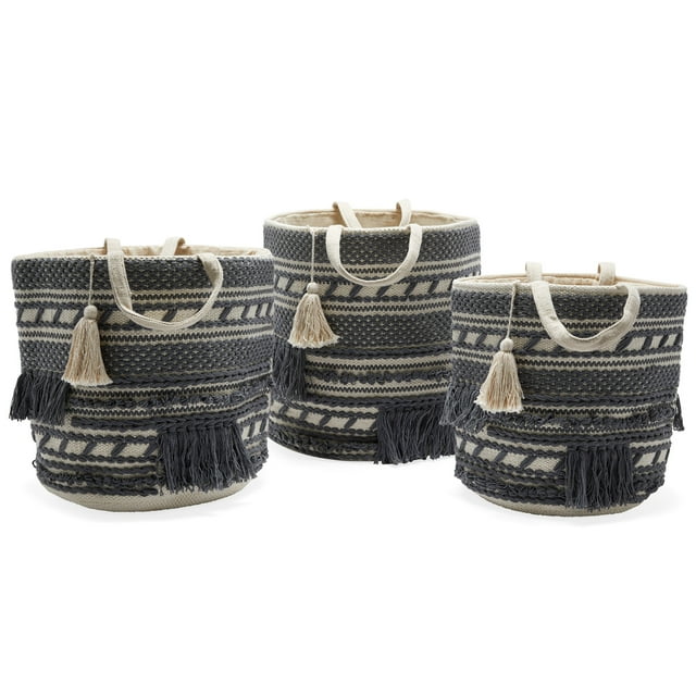 Hand Woven Macrame 3 Piece Basket Set, Natural and Charcoal by Drew Barrymore Flower Home