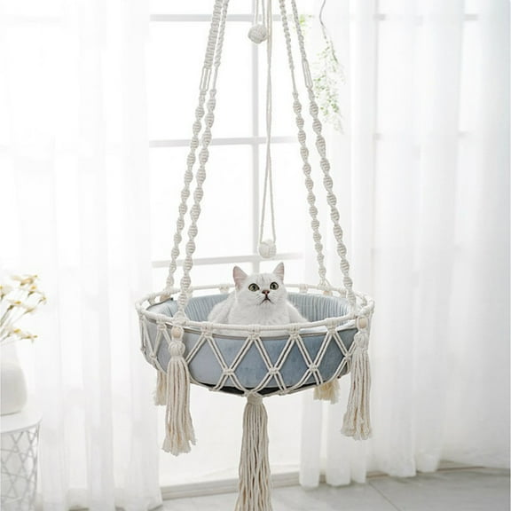 Hand-Woven Macrame Cats Hammock Bohemian Style Hanging Cat Bed with Tassels, Indoor Kitty Swing with Hanging Kit, Elevated Cat Lounger for Kittens and Small Pets, White, 120x40x40cm