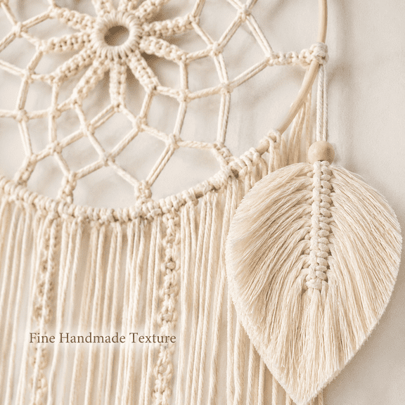 Hand-Woven Macrame Wall Hanging, Boho Leaf Dream Catcher Wall Decor, 34" x 12" Natural Cotton Tapestry for Bedroom Living Room Nursery, Modern Bohemian Home Ornament, Vanilla Cream