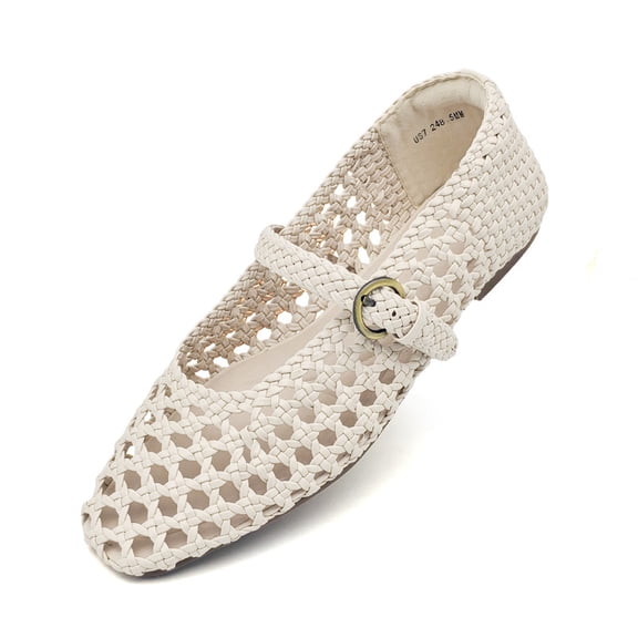 Hand Woven Mesh Mary Jane Ballet Flats for Women, Adjustable Braided Buckle Strap Dressy Flat Shoes with Memory Foam Insole Cushion