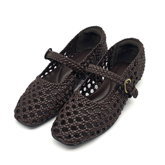 Hand Woven Mesh Mary Jane Ballet Flats for Women, Adjustable Braided Buckle Strap Dressy Flat Shoes with Memory Foam Insole Cushion