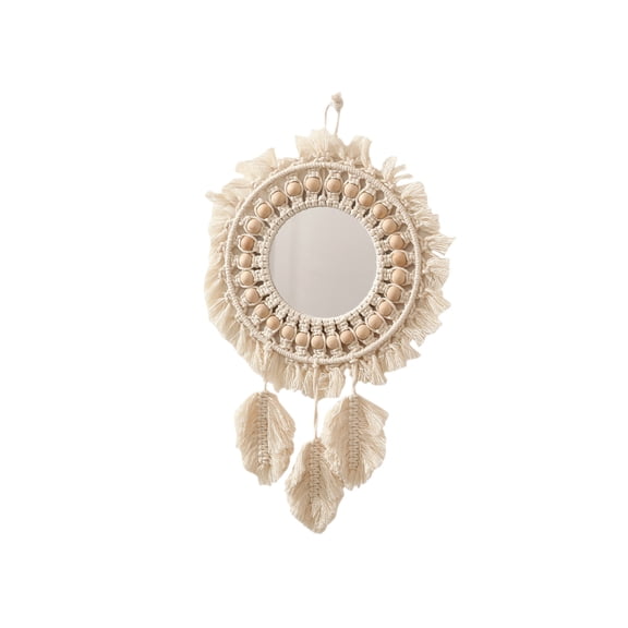 Hand Woven Mirror Tapestry Makeup Mirror for Bedroom Wall Decor, Unique Wall Hanging with Rope and ories, Bedside Decoration