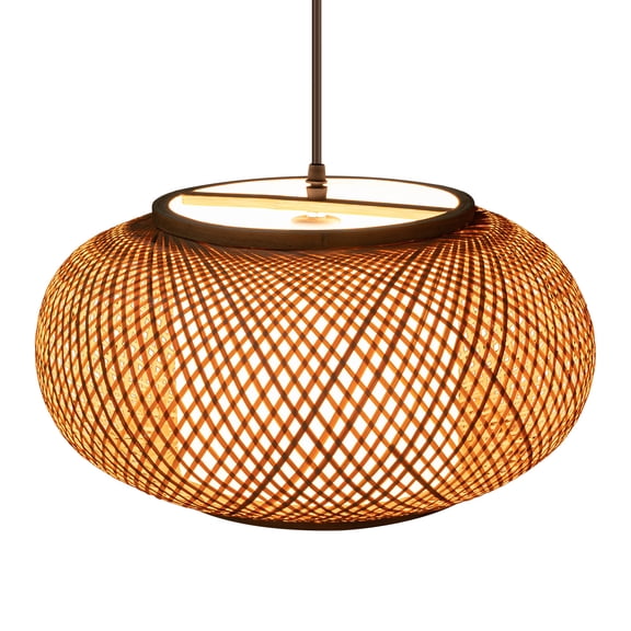 Hand-Woven Natural Bamboo Cage Pendant Light, Adjustable Cord E26 Rustic Rattan Chandelier for Cafe Restaurant Living Room