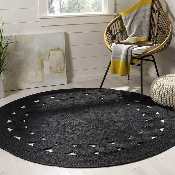 Hand Woven, Oriental Jute Round Area Rug, Black 7x7" Living Room , Indoor, Garden Carpet Rug Doormat