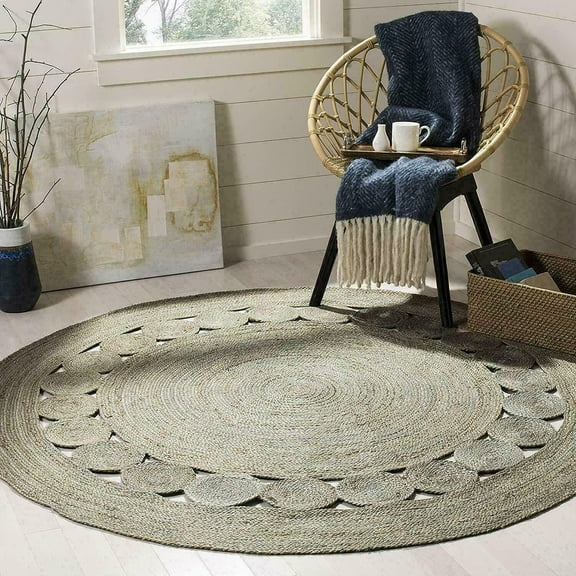 Hand Woven, Oriental Jute Round Area Rug, Grey, 2x2" Living Room , Indoor, Garden Carpet Rug Doormat