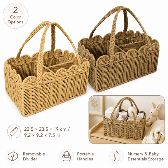 Diaper Caddy Organizer, Paper Rope Storage Basket with Removable Divider, Portable Nursery Bin with Handles for Diapers, Wipes & Baby Essentials, Baby Shower Gift, Newborn Must Haves,Bronze