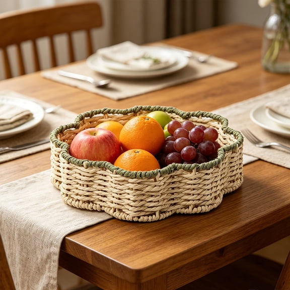 Hand Woven Paper Rope Storage Basket - 9.44in Beige Fruit & Snack Tray, Desktop Holder for Living Room Dining Room